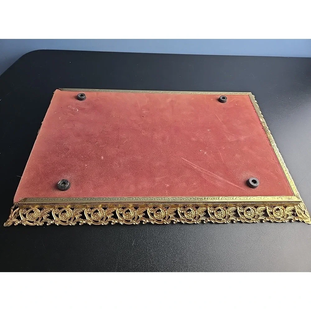 VTG Hollywood Regency Gold Tone Glass Rectangle Vanity Tray Filigree 14.5 x 9.5